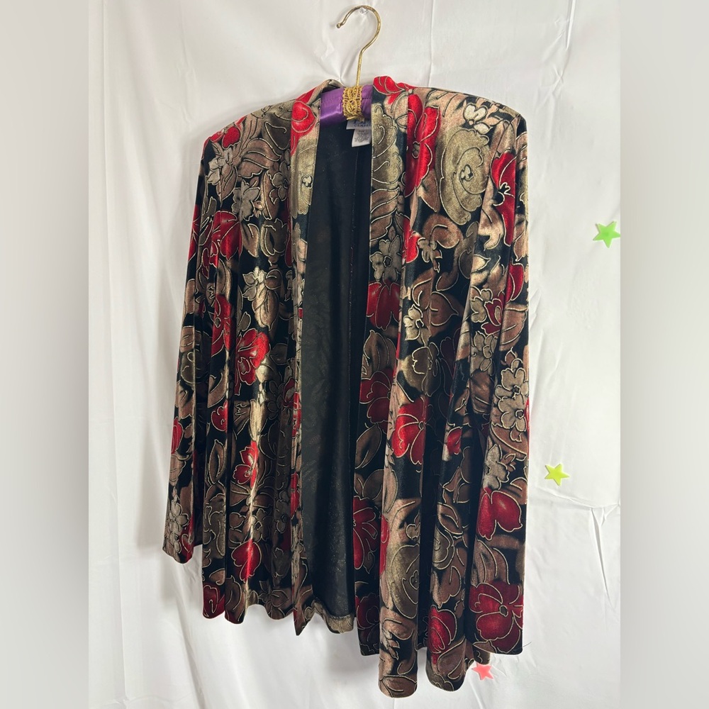 VTG Women's L Velvet Black and Gold Metallic‎ with Vibrant Red Floral